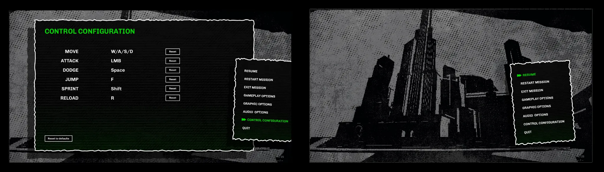 Space Job control configuration screens and menu layouts