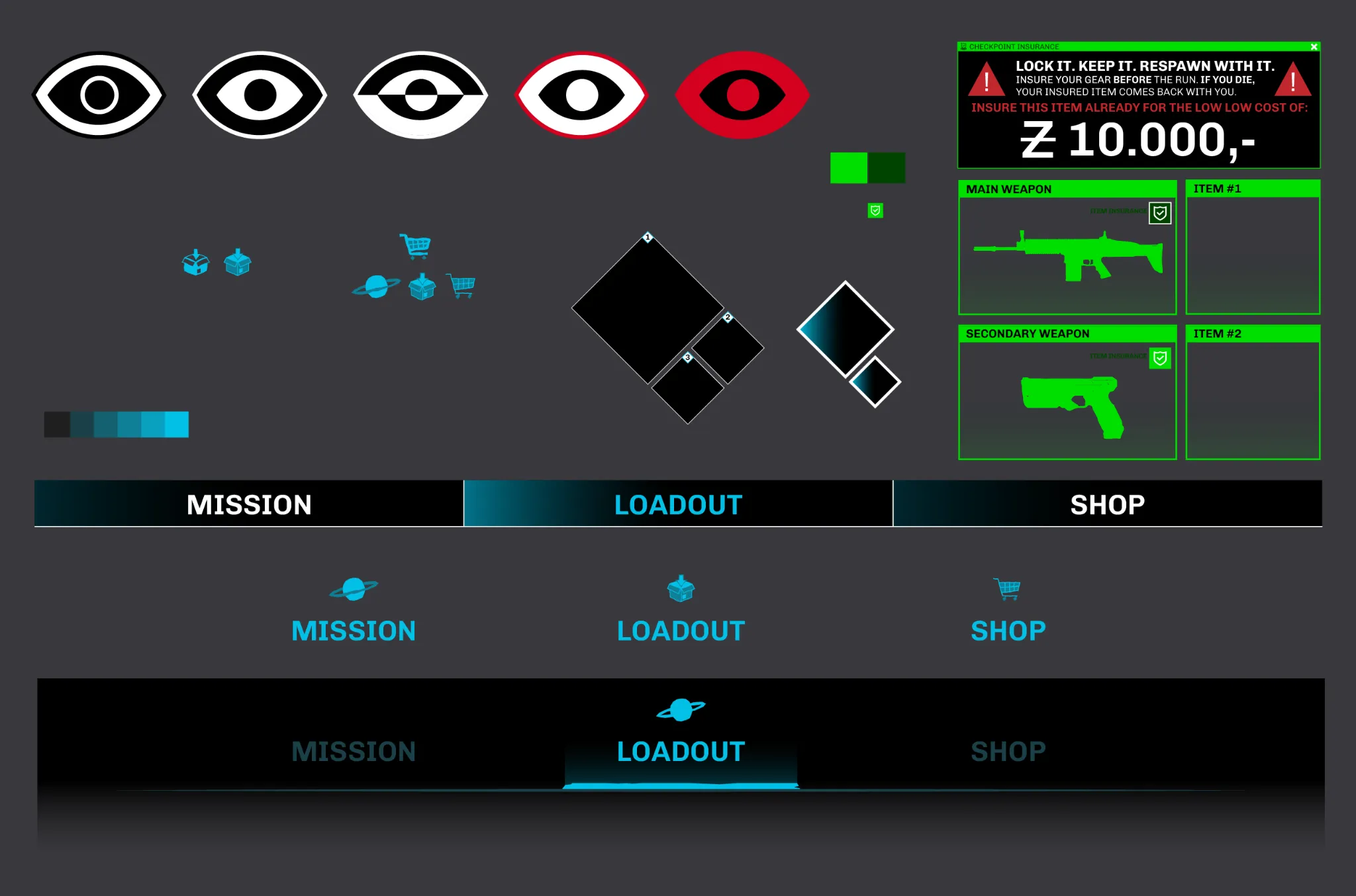 Space Job iconography, tabs and interface system sheet