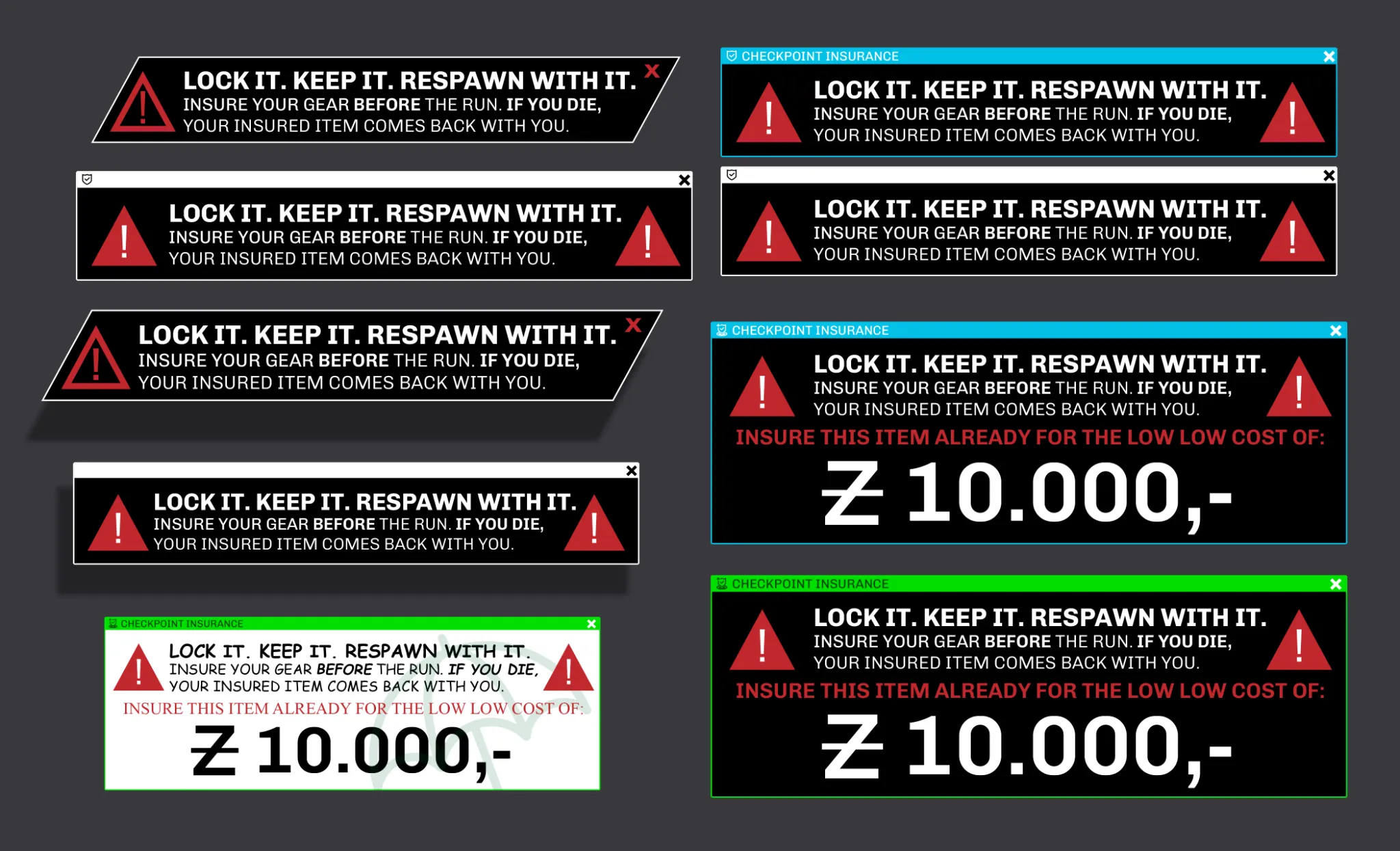 Space Job checkpoint insurance banners and warning UI sheet