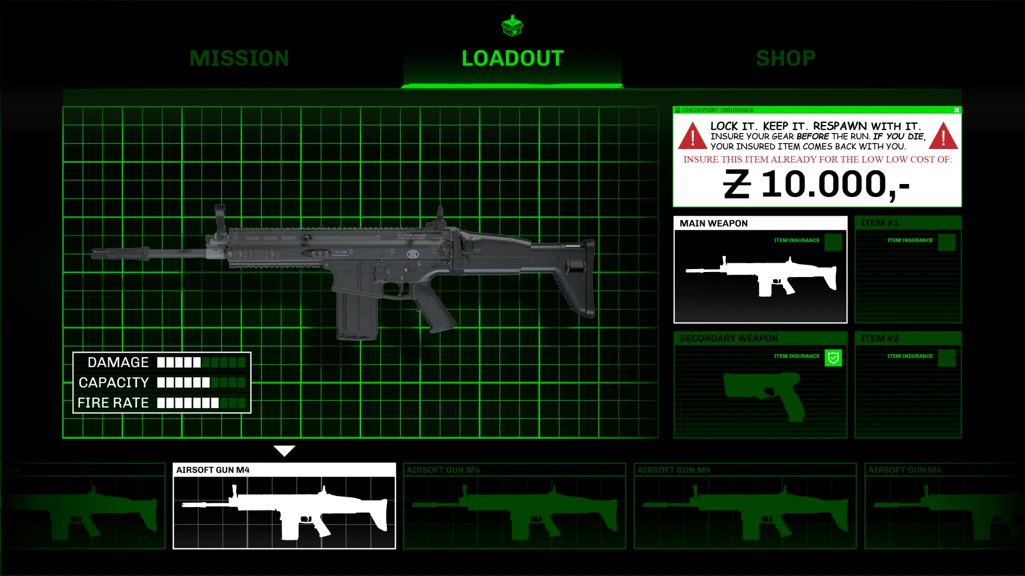 Final Space Job loadout screen with green grid interface and weapon selection