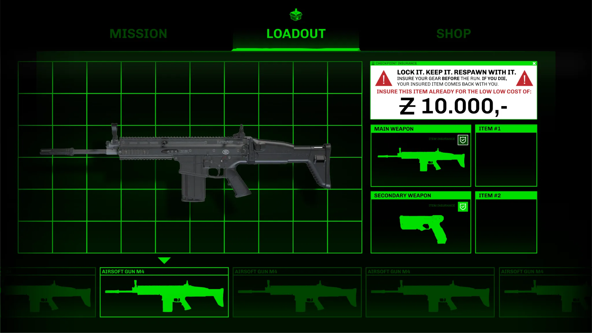 Alternative green Space Job loadout screen exploration