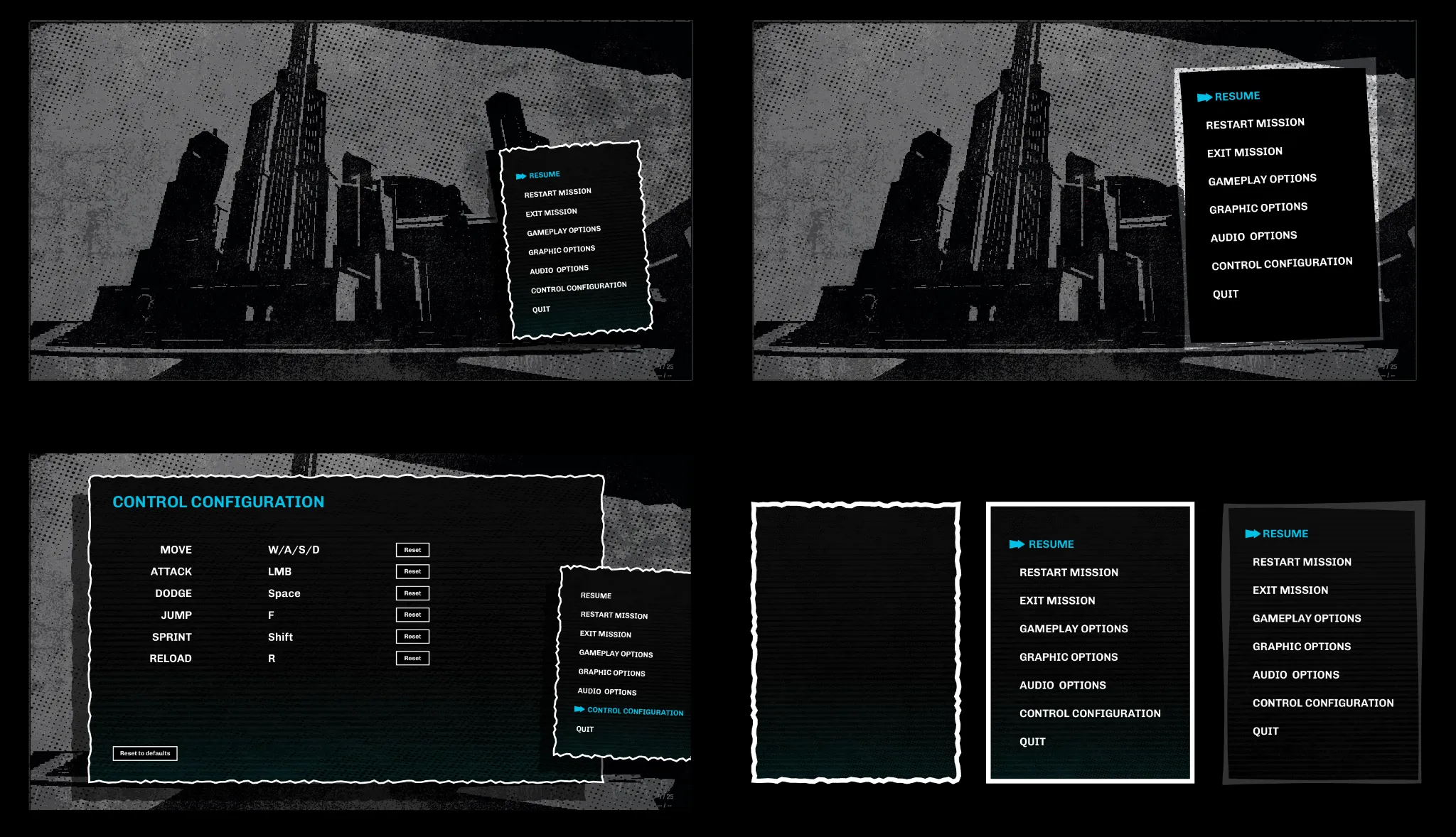 Space Job pause menu and control menu exploration sheet