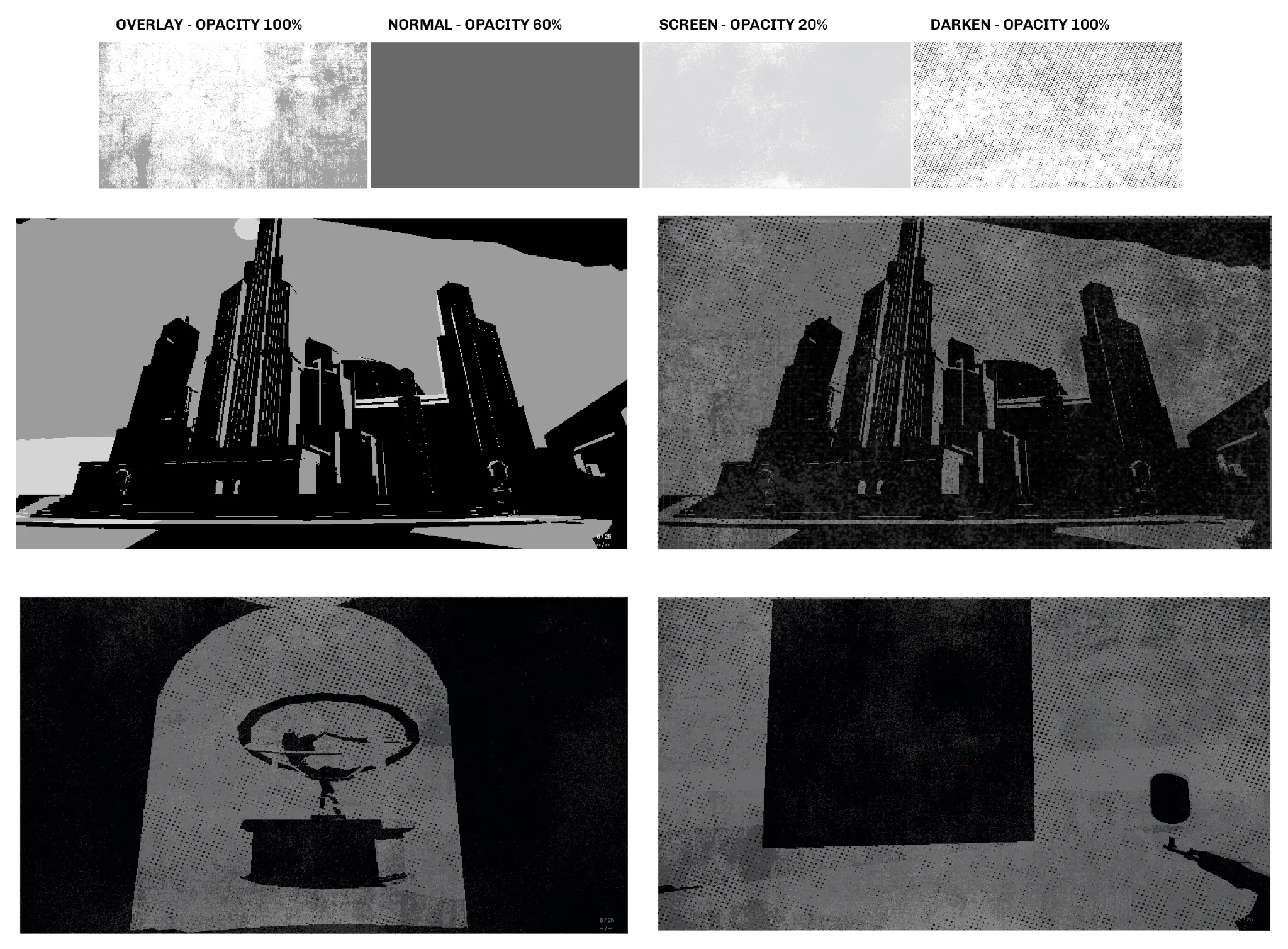Space Job texture overlay and halftone environment studies