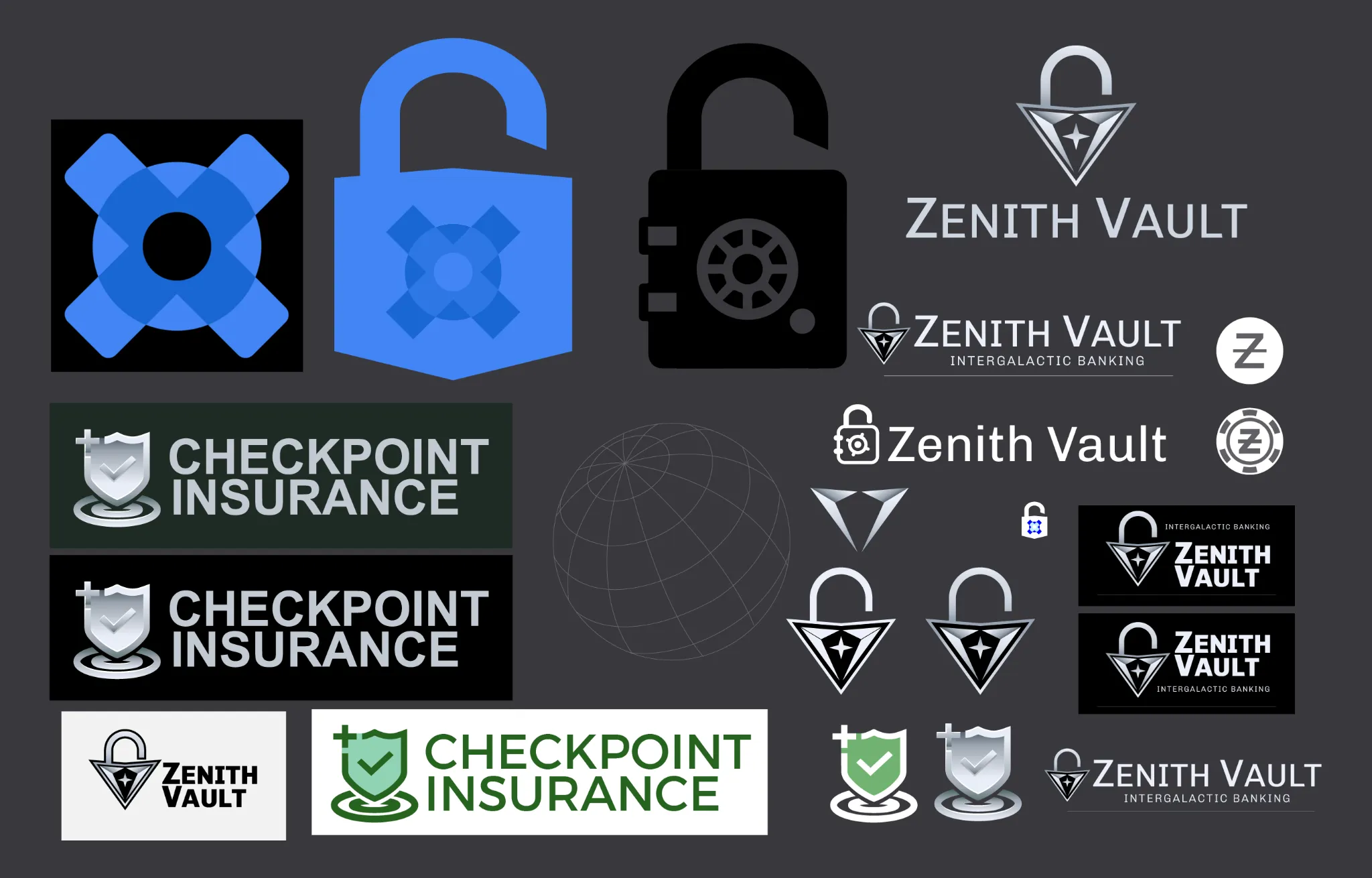Zenith Vault and Checkpoint Insurance branding explorations for Space Job