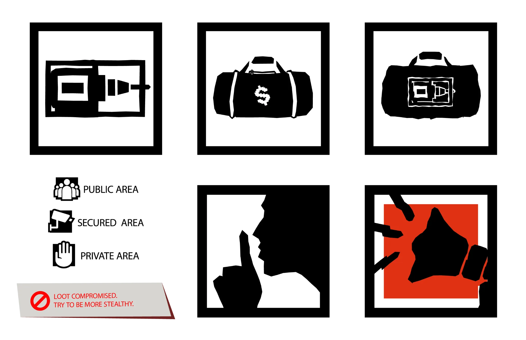 UI elements, icons and warning graphics for Time Loot